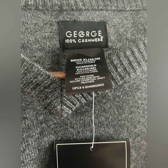 NWT George designer Mens 100% Cashmere Sweater 2 ply black slate gray V neck XXL - Picture 10 of 16